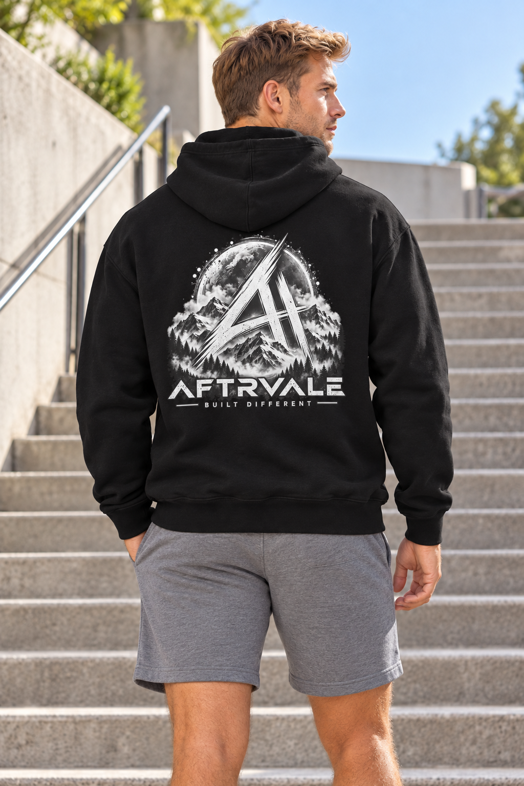AFTRVALE Zwarte Hoodie op model — volledige rugprint